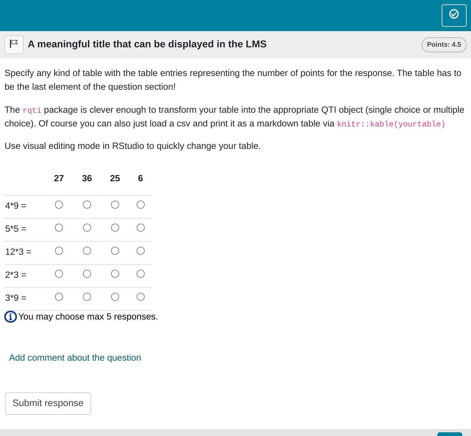 Preview of complex table task in the learning management system OPAL