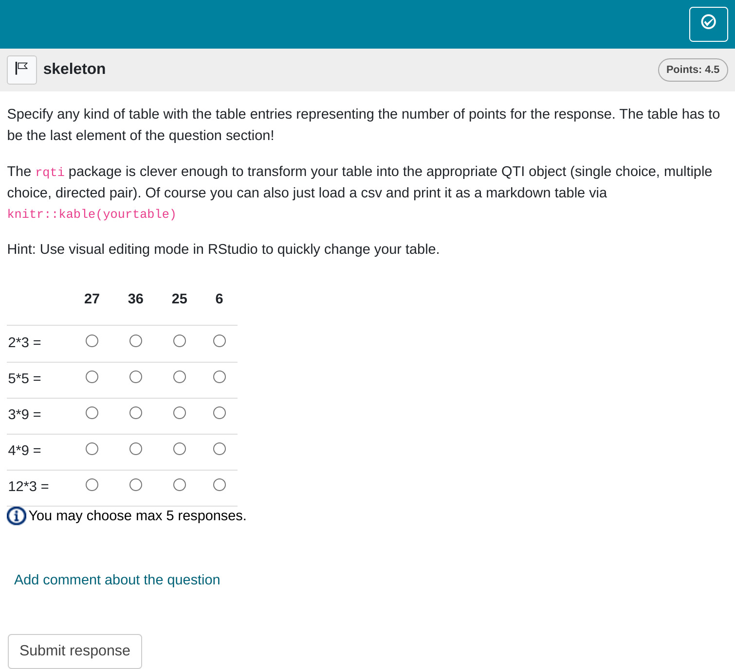 Preview of table task rendered by OPAL